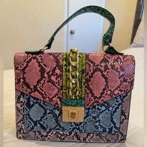 Aldo Pink and Green Snake Print Satchel